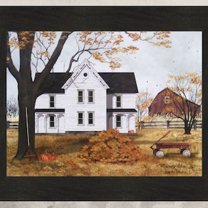 May include: A painting of a white farmhouse with a red barn in the background. The farmhouse has a porch and a large tree in front of it. There are pumpkins and leaves on the ground. The painting is signed "Rebecca Allen" in the bottom right corner.