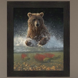 Lucky Hole by Collin Bogle 20x24 Brown Bear Grizzly Fishing Salmon Wildlife Framed Wall Art Picture Home Cabin Decor image 1