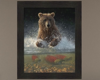 Lucky Hole by Collin Bogle 20x24 Brown Bear Grizzly Fishing Salmon Wildlife Framed Wall Art Picture Home Cabin Decor