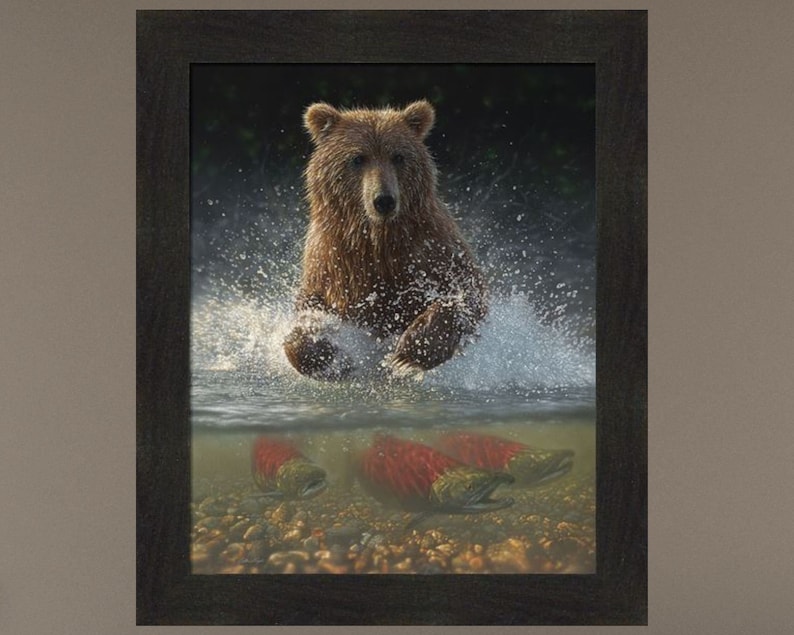 Lucky Hole by Collin Bogle 20x24 Brown Bear Grizzly Fishing Salmon Wildlife Framed Wall Art Picture Home Cabin Decor image 1