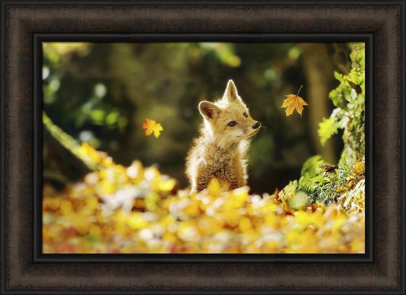 Falling Leaves by Carrie Ann Grippo-Pike 16x22 Cute Fox Kit Leaf Autumn Fall Framed Art Wall Décor Picture image 2