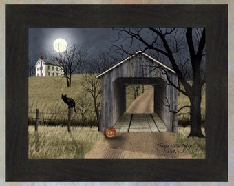 Sleepy Hollow Bridge by Billy Jacobs 16x20 Full Moon Bridge Black Cat Jack O Lantern Pumpkin Night Framed Art Print Picture Home Cabin Decor