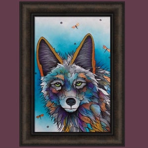 May include: A colorful painting of a wolf's head with a blue, green, purple, and orange color scheme. The wolf is looking directly at the viewer. There are small orange dragonflies in the background.