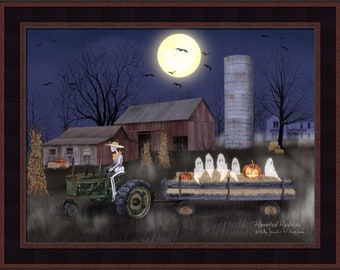 Haunted Hayride de Billy Jacobs y Sarah Jacobs 16x20 Esqueleto Murciélagos Fantasmas Calabaza Granero Luna Otoño Otoño Imagen artística enmarcada Decoración de la cabaña del hogar