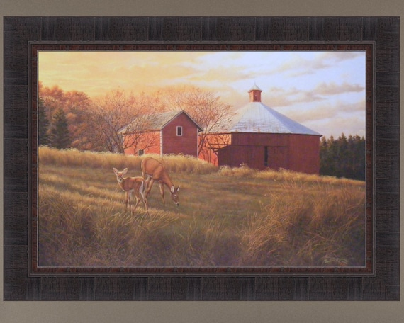 SIGNS OF AUTUMN by Jim Hansel 17x21 FRAMED PRINT PICTURE Whitetail Deer Buck Doe 