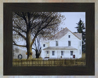 May include: A white farmhouse with a porch and a swing hanging from a tree in the front yard. The house has a wooden fence and a barrel on the porch. The image is painted in a realistic style.