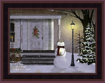 All Is Calm, All Is Bright by Billy Jacobs 16x20 Snowman Winter Porch Snowing Winter Christmas Framed Art Picture Home Cabin Decor