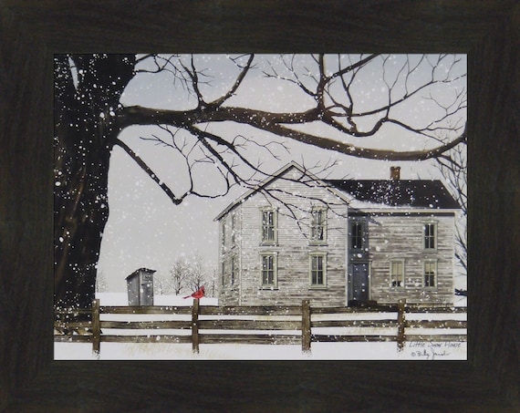 SNOWFALL by Billy Jacobs FRAMED ART PICTURE 9X21 Barn Birds Winter Cardinal Barn