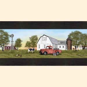 May include: A painting of a red truck with a white barn and silo in the background. The truck is carrying milk cans and there are cows and chickens in the field. The painting is titled "Summer on the Farm" by Wendy  Perrin.