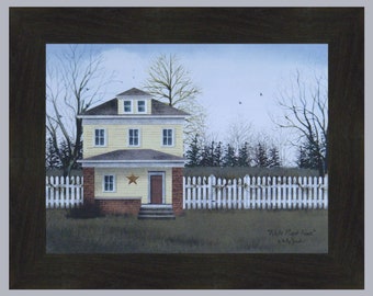 May include: A painting of a yellow house with a white picket fence and a red star on the front door. The house is surrounded by trees and the sky is blue. The title of the painting is "White Picket Fence" by Holly Hanel.