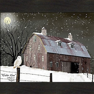 Winter Moon by Billy Jacobs 16x20 White Snowy Owl Full Moon Barn Snowing Winter Christmas Framed Art Picture Home Cabin Decor image 2