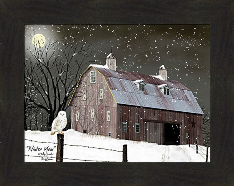 Winter Moon by Billy Jacobs 16x20 White Snowy Owl Full Moon Barn Snowing Winter Christmas Framed Art Picture Home Cabin Decor image 2