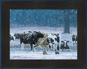 One Snowy Night by Bonnie Mohr 16x20 Cows Cattle Cats Birds Winter Farm Art Print Wall Décor Framed Picture