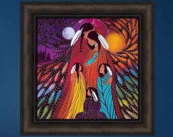 Family by Betty Albert 18x18 Native American Indian Family Feathers Colorful Sun Moon Framed Art Print Picture