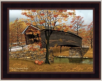 Fall At Humpback Bridge by Billy Jacobs Sarah Jacobs 16x20 Sunset Sunrise Covered Bridge Framed Art Picture Home Cabin Decor