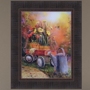 May include: A red wagon filled with yellow and red flowers, a watering can, and gardening gloves. The wagon is on a brick path in a garden setting with a hummingbird flying overhead.