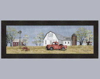 Spring On The Farm by Billy Jacobs 16x40 Rain Flowee Old Truck Barn Silo Windmill Wheel Barrow Tree Framed Art Picture Home Cabin Decor