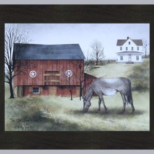 May include: A painting of a red barn with white stars on the side, a white farmhouse in the background, and a gray horse grazing in a field. The painting is titled "The Old Springfield" and signed "Billy Jacobs".