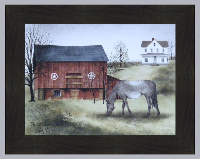 May include: A painting of a red barn with white stars on the side, a white farmhouse in the background, and a gray horse grazing in a field. The painting is titled "The Old Springfield" and signed "Billy Jacobs".