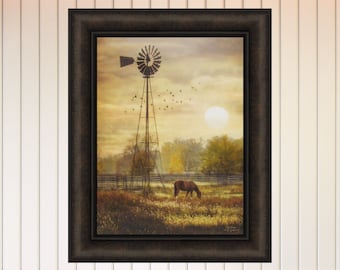 Berks County Sunrise by Lori Deiter 16x20 Horse Windmill Field Sun Morning Framed Art Print Picture Home Cabin Decor