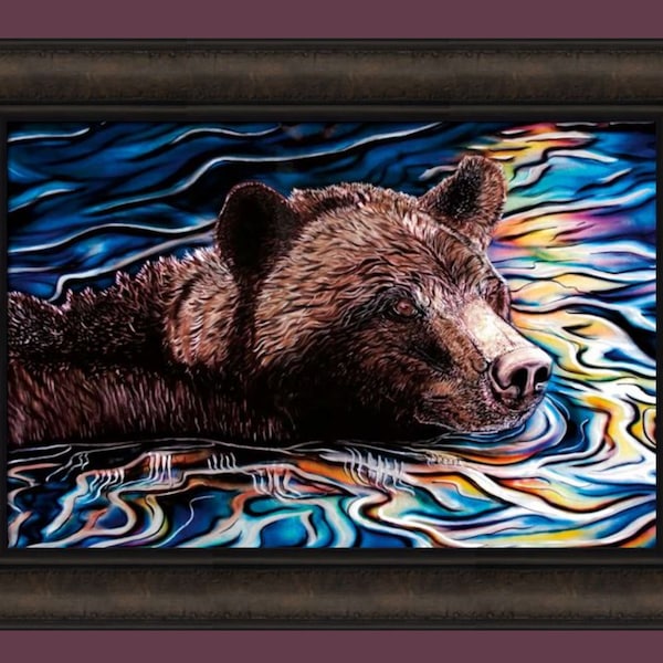 Spirit River by Amy Keller-Rempp 16x22 Native American Indian Brown Bear Grizzly Swimming Lake Colorful Framed Art Print Picture