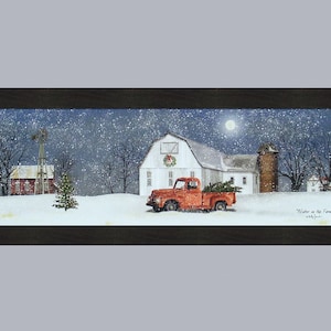 Winter On The Farm by Billy Jacobs 16x40 Christmas Tree Old Truck Barn Silo Windmill Snow Season Framed Art Print Picture Home Cabin Decor