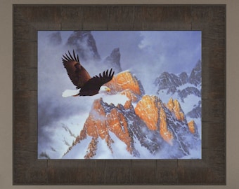 Fire On The Mountain by Derk Hansen 12x15 Eagle Soaring Through Snow Covered Misty Mountains Framed Art Print Picture