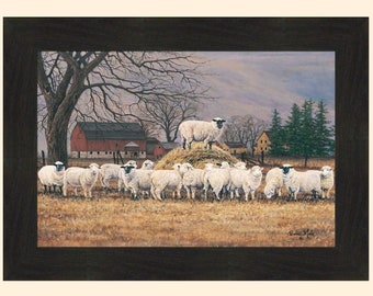 Wool Gathering by Bonnie Mohr 16x22 Sheep Lamb Farm Red Barn Field Hay Framed Art Print Picture HomeCabinDecor