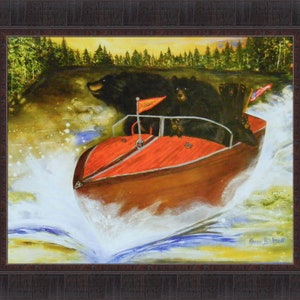 Whimsically Boating Bears by Karen Bicknell 21x25 Black Bear Fishing Cabin Framed Art Print Picture image 2