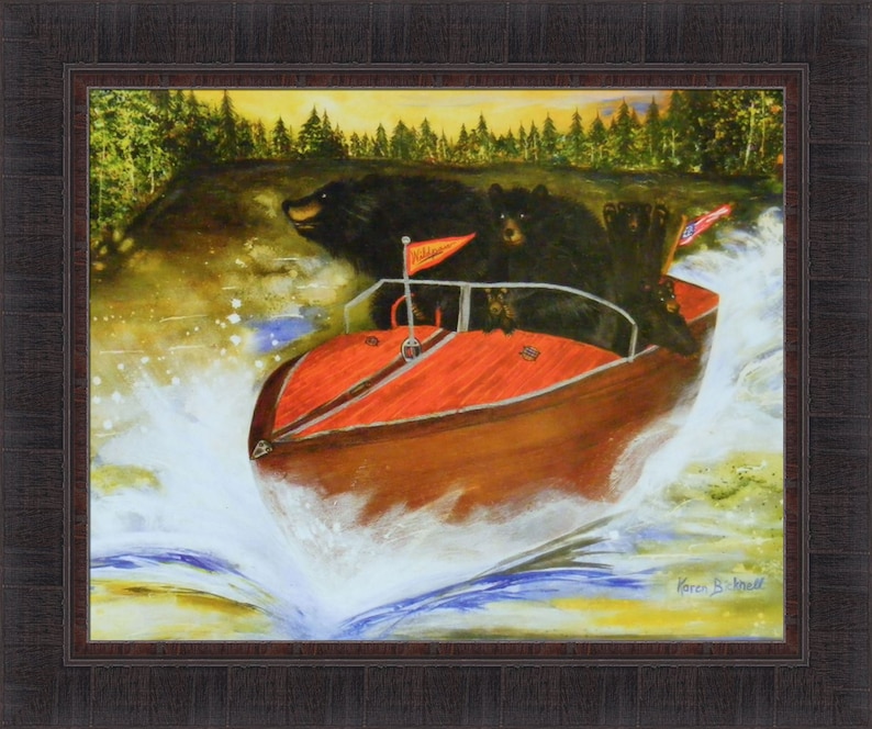 Whimsically Boating Bears by Karen Bicknell 21x25 Black Bear Fishing Cabin Framed Art Print Picture image 2