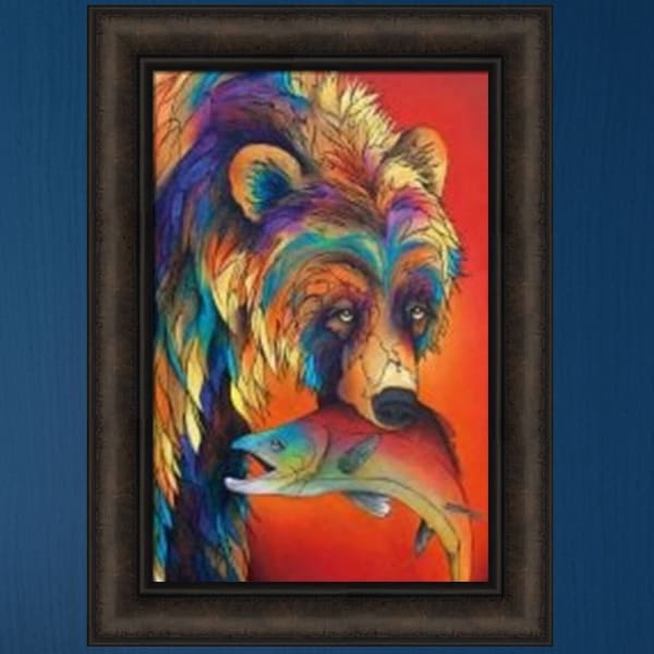Fishing Stories by Micqaela Jones 16x22 Native American Indian Brown Bear Salmon Framed Art Print Picture