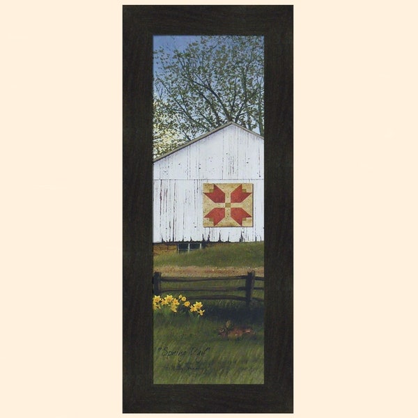 Spring Day by Billy Jacobs 12x28 Tulip Quilt Block Barn Bunny Rabbit Flowers Seasons Framed Folk Art Print Picture Home Cabin Decor