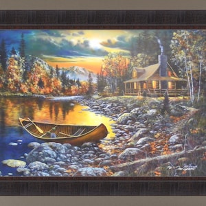 May include: A painting of a cabin in the woods with a canoe on the shore of a lake. The sky is a vibrant orange and blue with clouds. The cabin has a wooden porch and a chimney with smoke coming out of it.