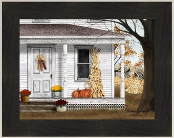 Autumn Greetings by Billy Jacobs 16x20 Front Door Porch Pumpkins Corn Shock Flowers Crows Fall Framed Art Print Picture Home Cabin Decor