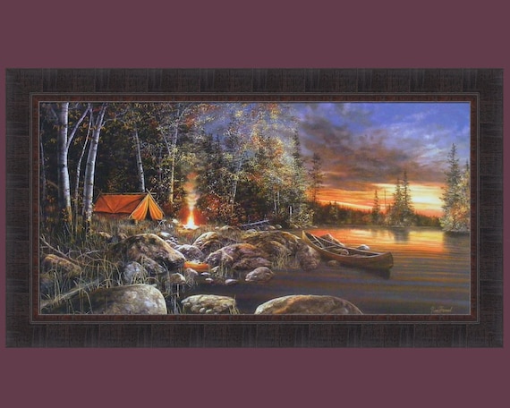 絵画　camp Twilight Fire by Jim Hansel 21x37 Tent Camping Camp Fire Canoe