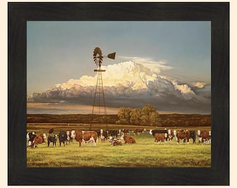 Summer Pastures by Bonnie Mohr 20x24 Cows Calves Herd Windmill Field Farming Framed Art Print Picture HomeCabinDecor HomeCabinDecor