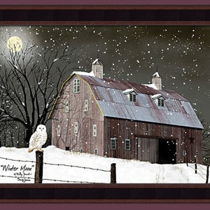 Winter Moon by Billy Jacobs 16x20 White Snowy Owl Full Moon Barn Snowing Winter Christmas Framed Art Picture Home Cabin Decor 1.5" Country Black