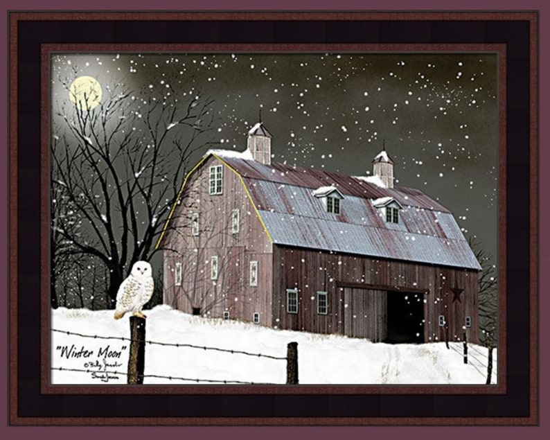 Winter Moon by Billy Jacobs 16x20 White Snowy Owl Full Moon Barn Snowing Winter Christmas Framed Art Picture Home Cabin Decor 1.5" Country Black
