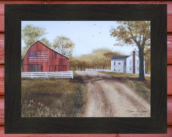 Summer in The Country by Billy Jacobs 16x20 Patriotic 1976 Bicentennial Flag Barn Farm Primitive Folk Art Framed Picture Home Cabin Decor