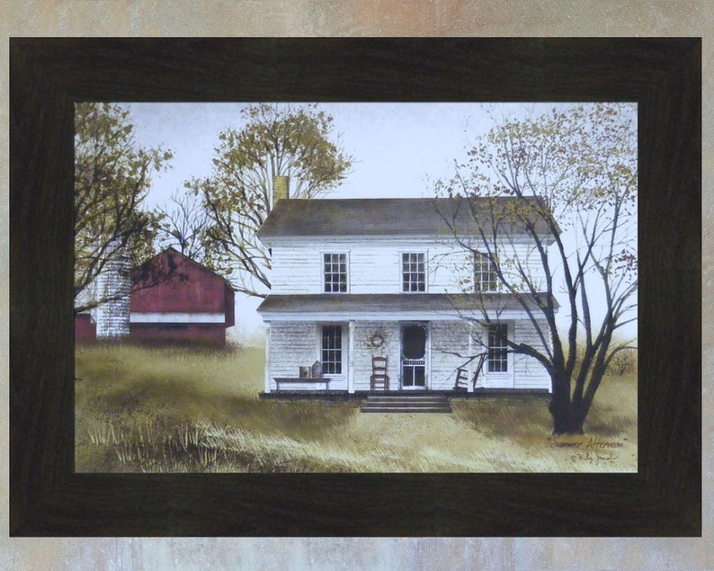 May include: A painting depicting a white farmhouse with a red barn in the background. The farmhouse features a porch with a rocking chair and a wreath on the door. The trees are bare and the sky is overcast.