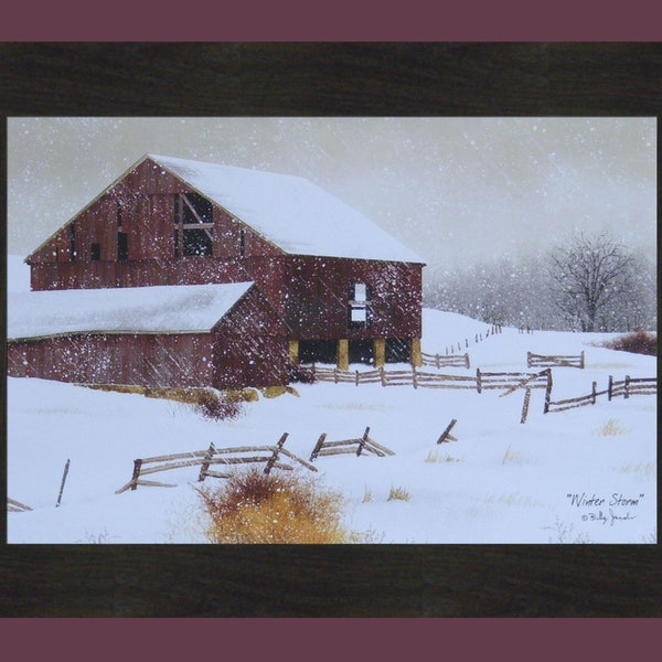 Winter Storm by Billy Jacobs 16x22 Snowing Snow Old Red Barn Farm Primitive Folk Art Print Framed Picture Home Cabin Decor