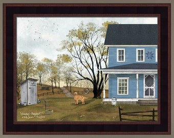 Grandma's Backyard by Billy Jacobs and Sarah Jacobs 16x20 Golden Retriever Dog Outhouse Out House Framed Art Picture Home Cabin Decor