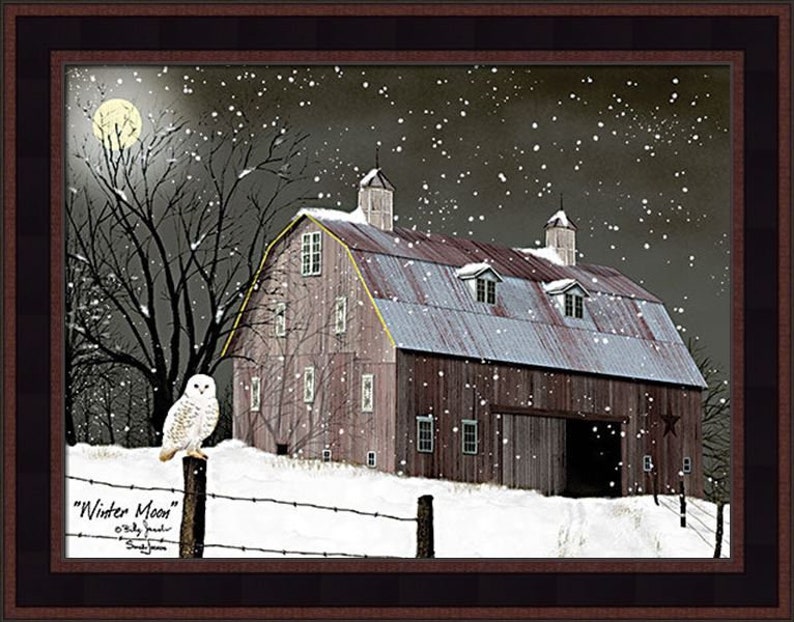 Winter Moon by Billy Jacobs 16x20 White Snowy Owl Full Moon Barn Snowing Winter Christmas Framed Art Picture Home Cabin Decor image 4