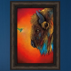 May include: A painting of a bison with a hummingbird flying in front of it. The bison is brown and has a blue and yellow pattern on its fur. The background is a vibrant orange.