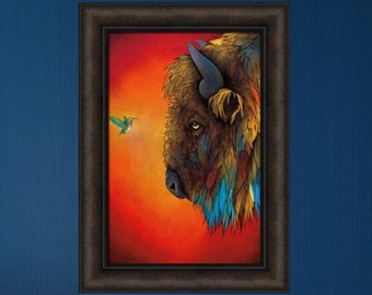 Listen Up by Micqaela Jones 16x22 Native American Indian Bison Buffalo Hummingbird Framed Art Print Picture