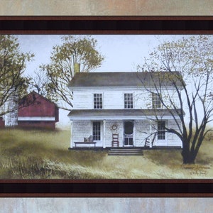 May include: A painting depicting a white farmhouse with a red barn in the background. The house features a porch with a rocking chair and a wreath on the door. The trees are bare and the sky is overcast. The painting is titled "Summer Afternoon" by Grady John.
