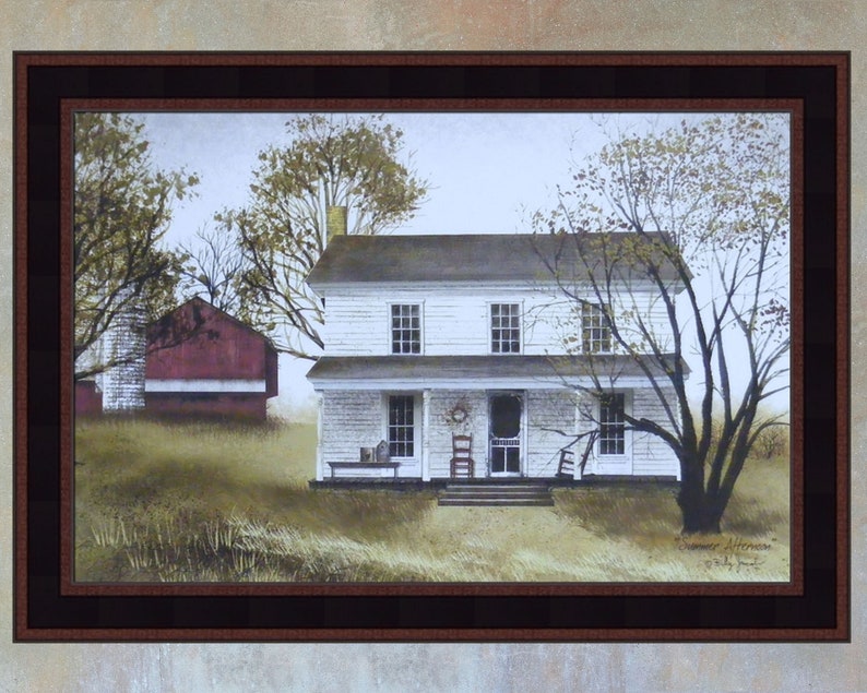 May include: A painting depicting a white farmhouse with a red barn in the background. The house features a porch with a rocking chair and a wreath on the door. The trees are bare and the sky is overcast. The painting is titled "Summer Afternoon" by Grady John.