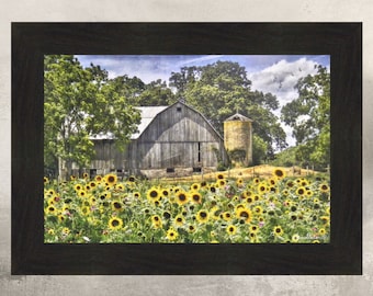 Sunflower Farm II by Lori Deiter 16x22 Flowers Old Weathered Barn Summer Field Framed Art Print Wall Décor Picture Home Cabin Decor
