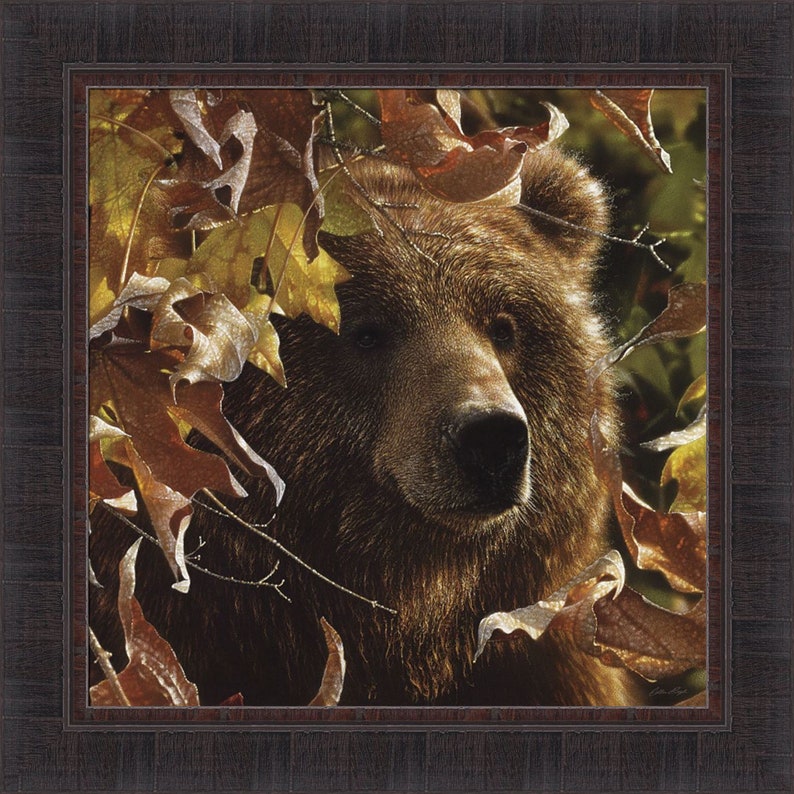 May include: A close-up of a brown bear's face peeking through a cluster of autumn leaves. The bear's fur is a rich brown, and its eyes are dark and intense. The leaves are a mix of orange, yellow, and red, creating a beautiful contrast with the bear's fur.