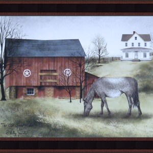May include: A painting of a red barn with two white stars on the side, a white farmhouse in the background, and a gray horse grazing in the foreground. The painting is titled "The Old Grey Mare" by "Billy Jacobs".